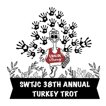 Turkey Trot logo with a running turkey wearing a maroon Uvalde Strong tank top with 21 handprints around it.
