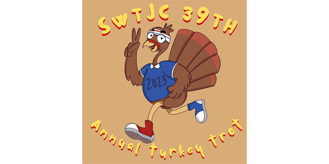 Turkey Trot logo of a turkey running with a blue athletic shirt, a headband and a red shoe and a blue shoe on its feet
