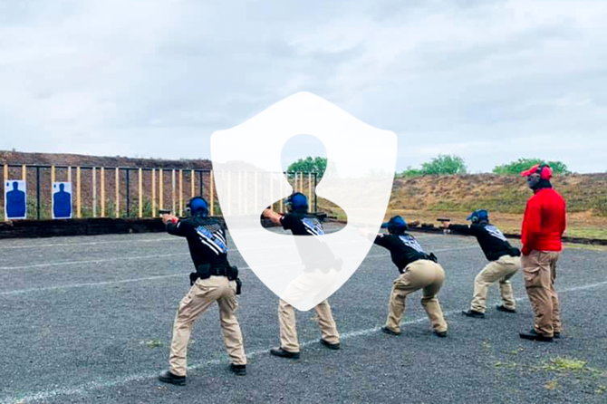 White shield logo over a photo of cadets practicing at the range