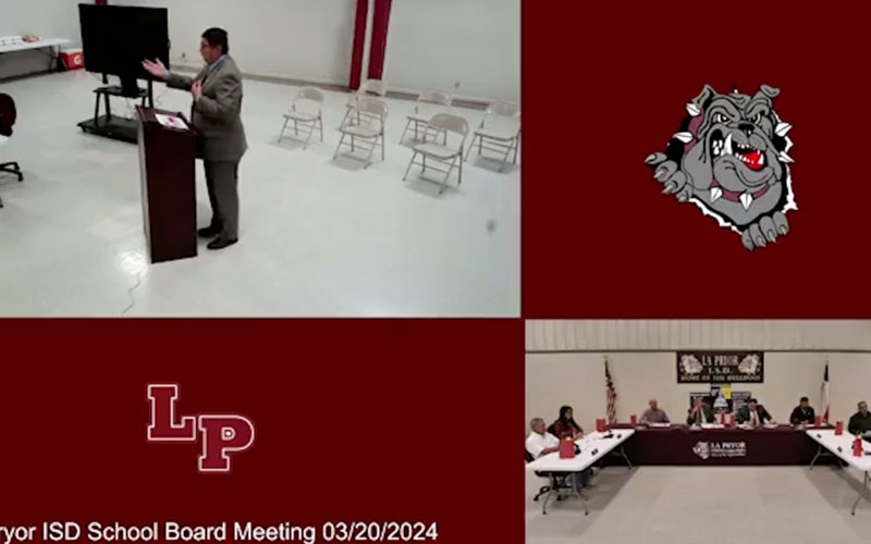 Screenshot of the La Pryor ISD School Board Meeting showing SWTJC President Dr. Hector Gonzales presenting a dual credit update.