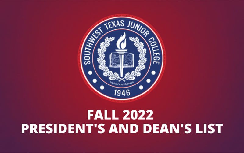 SWTJC seal logo on a red gradient background with the title Fall 2022 President's and Dean's List in white bold font